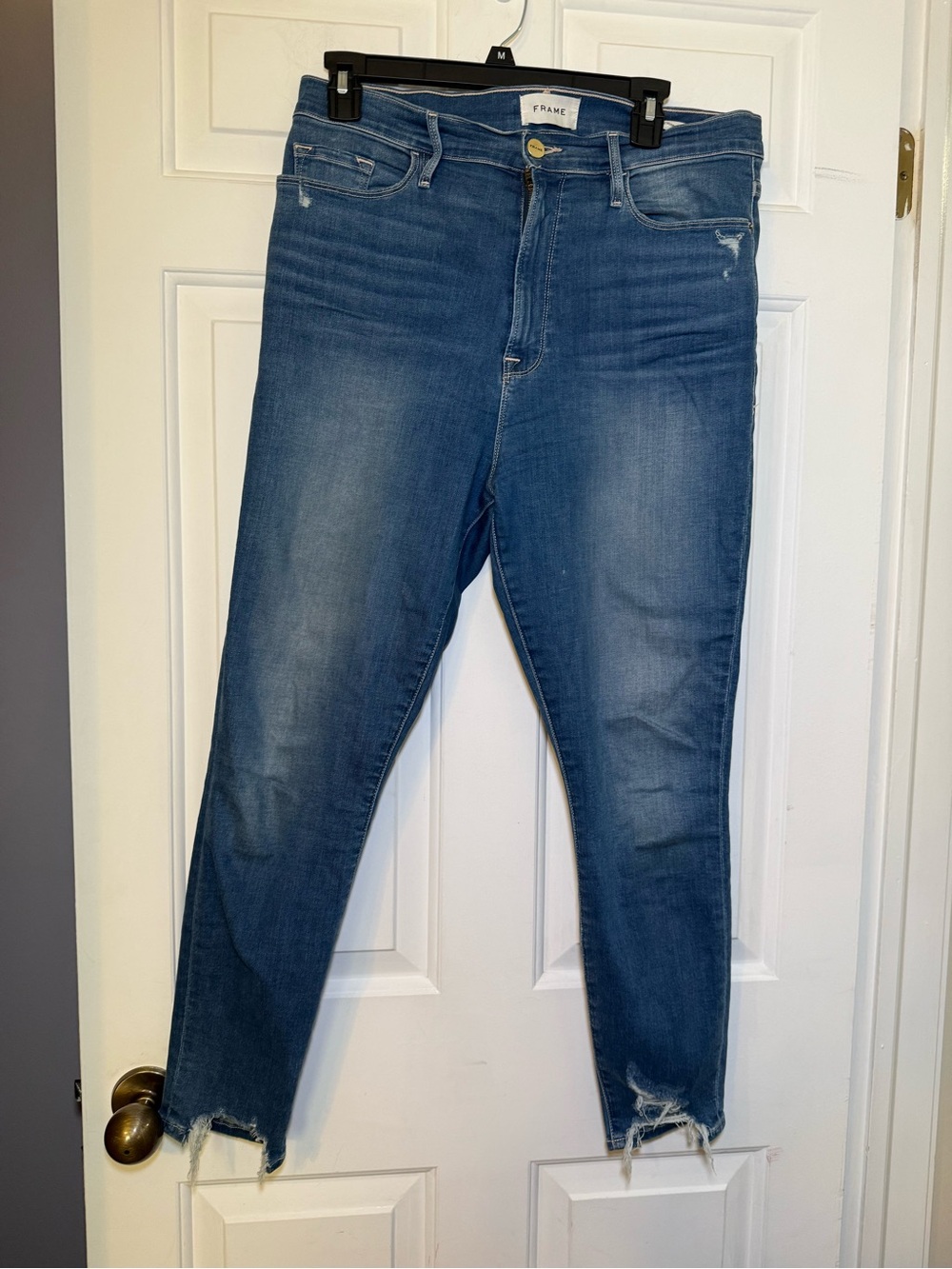 FRAME Women’s Ali High Rise Skinny Cigarette Jeans Sz 32 Med Wash Distressed Hem